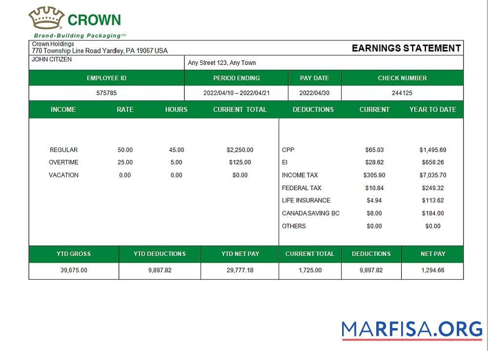 Realistic USA packaging company employee sheet sample